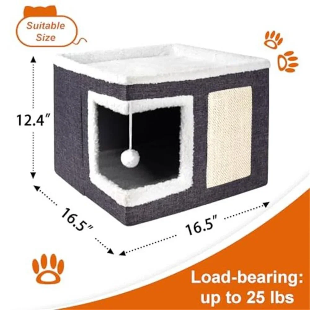 Cat House Indoor Large Cat Bed Condo with Scratch Pad Foldable Cat Cave Grey